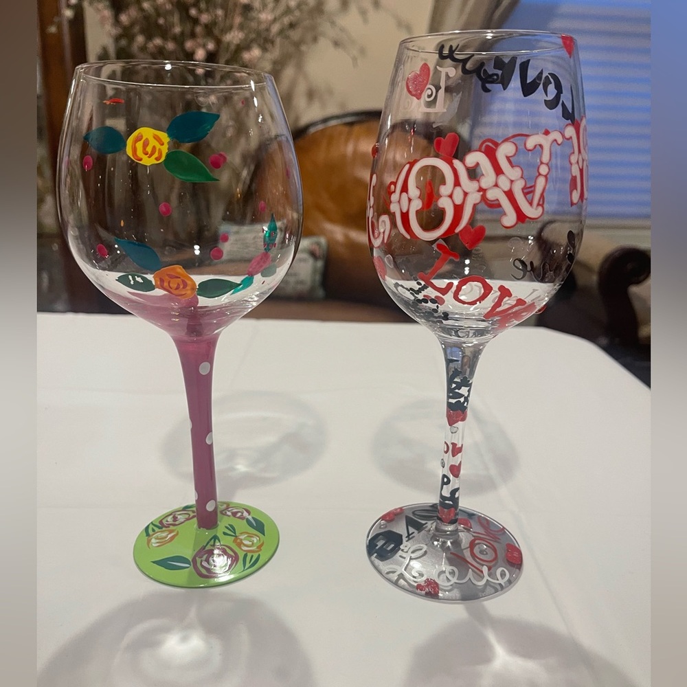 Bundle of 2 Whimsical Hand Painted Large Wine Glasses